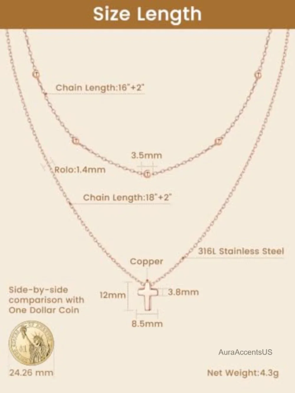 Double Layered Gold Cross Pendant Necklace Stainless Steel Hypoallergenic